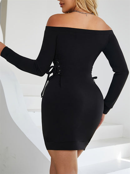 Black Lace-Up Off Shoulder Long Sleeve Mini Dress | Mini Dresses