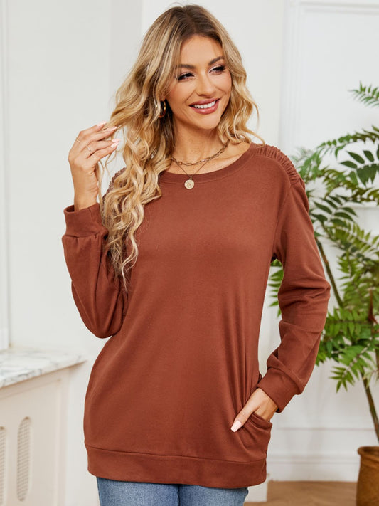 Ruched Shoulder Round Neck Long Sleeve Sweatshirt | Casual Tops | Loungewear