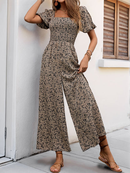 Beige Smocked Printed Square Neck Puff Sleeve Jumpsuit | Spring Outfits