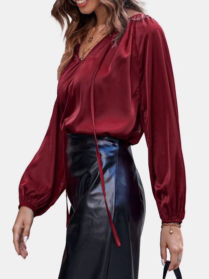 Ruched Tie Neck Balloon Sleeve Blouse | Winter Fashion | Holiday Blouse