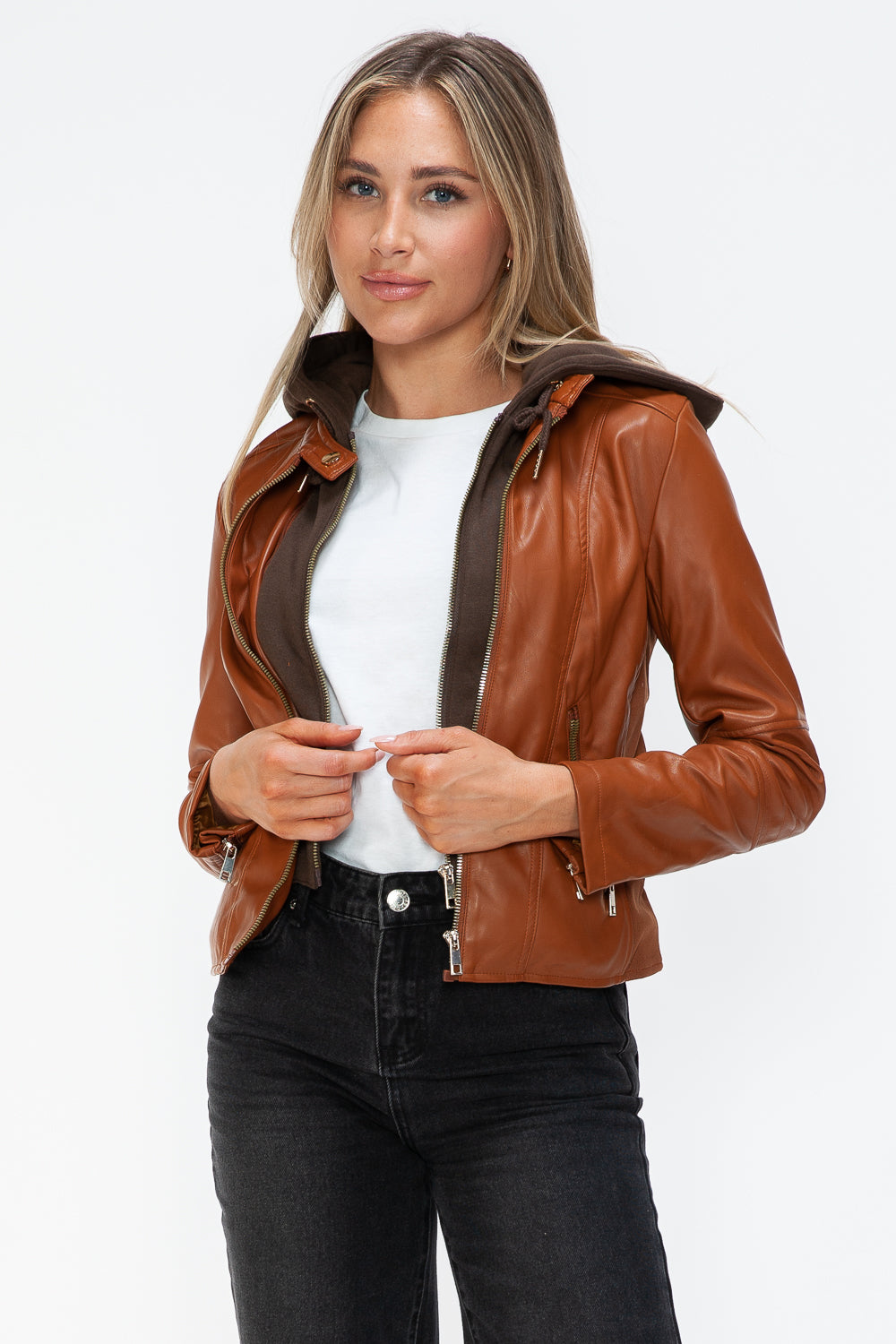 Synthetic Leather Biker Jacket with Side Zip Pockets | Winter Jacket | Drawstring Hooded Jacket