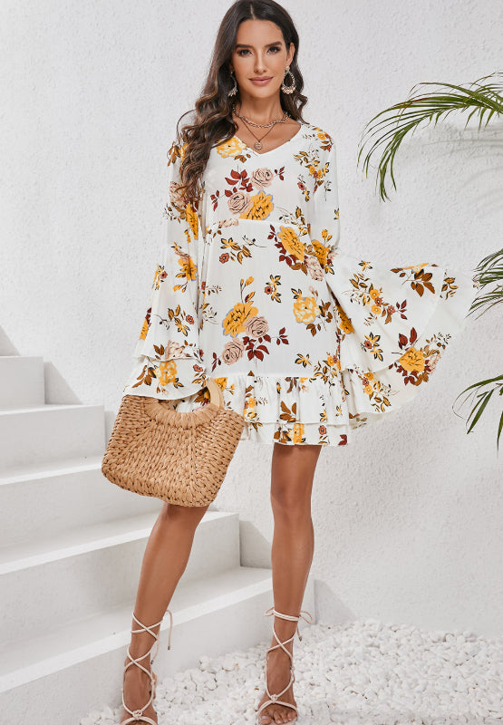 White and Yellow Floral Printed V-Neck Flare Sleeve Mini Dress | Spring Dresses