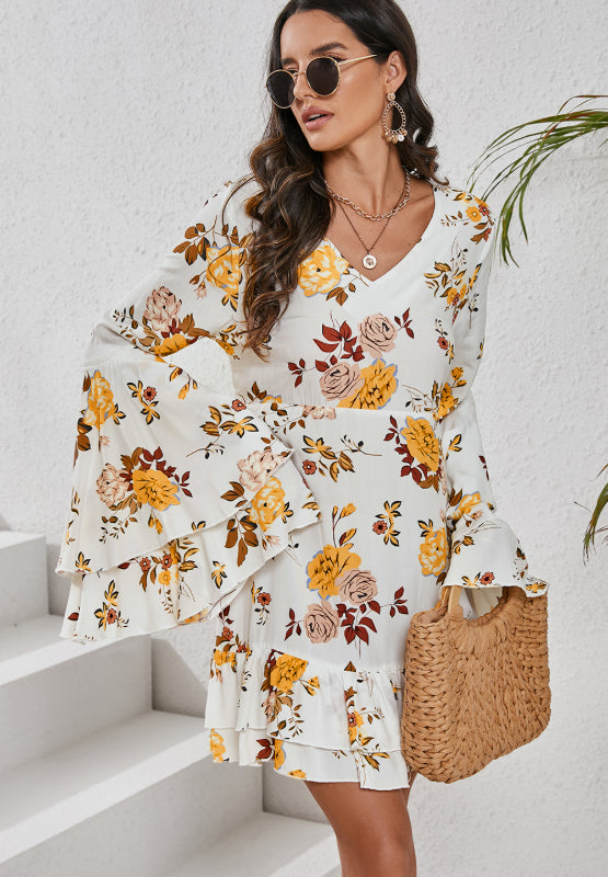 White and Yellow Floral Printed V-Neck Flare Sleeve Mini Dress | Spring Dresses