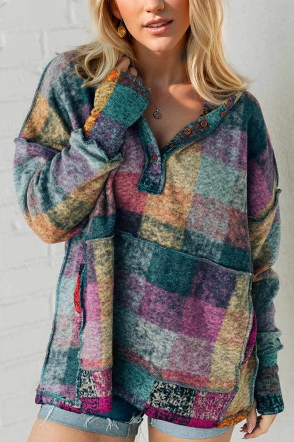 Multicolor Flannel Half Button Thumbhole Long Sleeve Hoodie