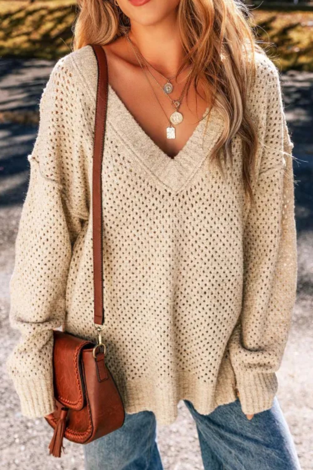 V-Neck Dropped Shoulder Long Sleeve Sweater | Cozy Sweater | Winter Fashion