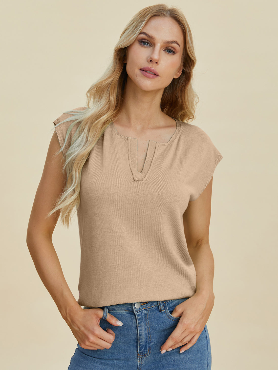 Notched Cap Sleeve Casual Knit Top | Basics | Everyday Fashion