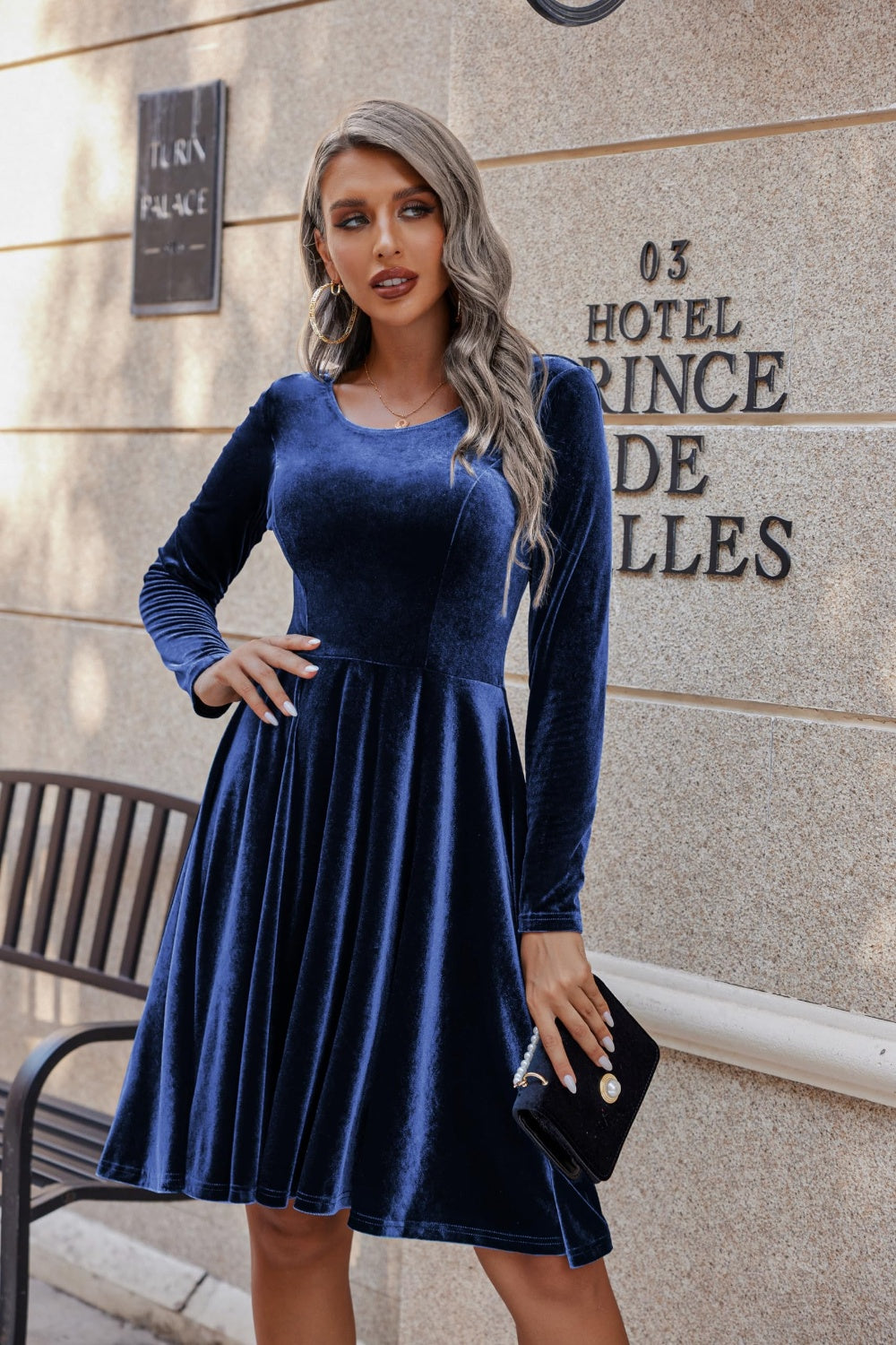 Round Neck Long Sleeve Knee Length Dress | Winter Dresses | Holiday Dress