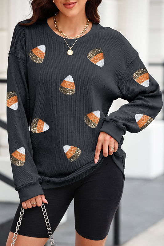 Halloween Candy Corn Sequin Round Neck Long Sleeve Sweatshirt | Halloween Outfit