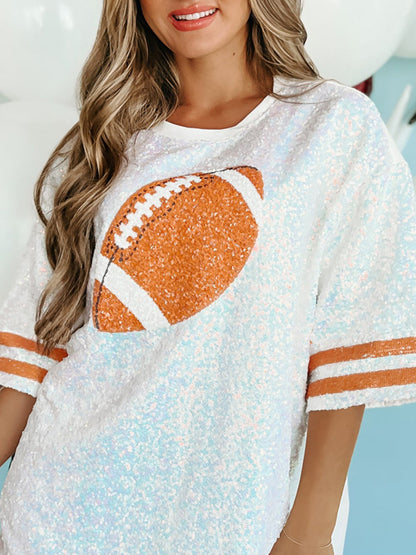 Sequin Football Round Neck Half Sleeve Oversize Top