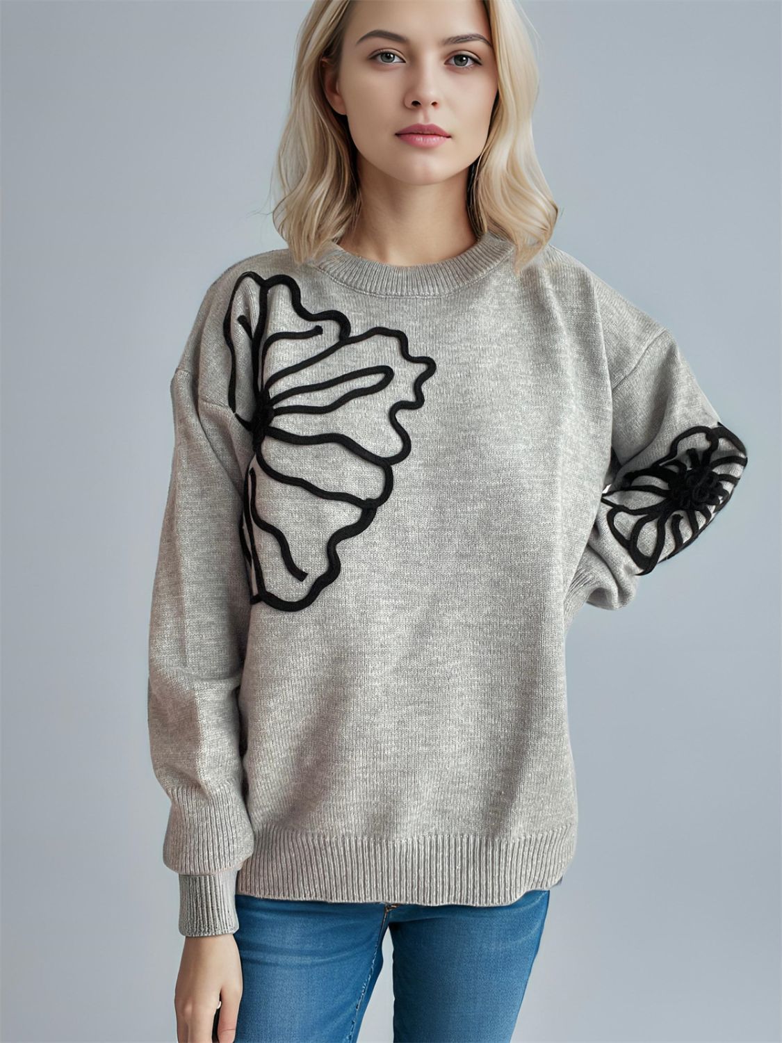 Flower Round Neck Long Sleeve Sweater | Winter Fashion