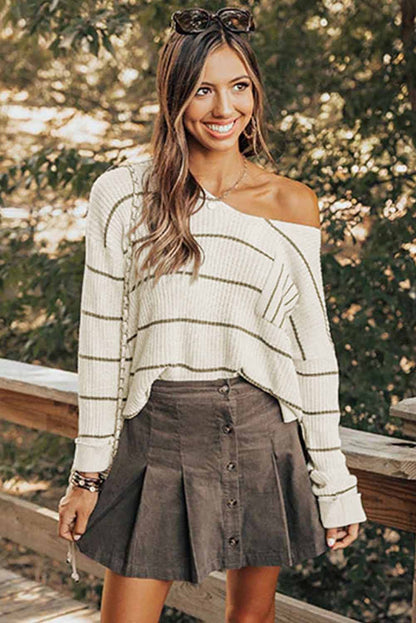 Striped V-Neck Drop Shoulder Sweater | Winter Sweater | Sweater Weather