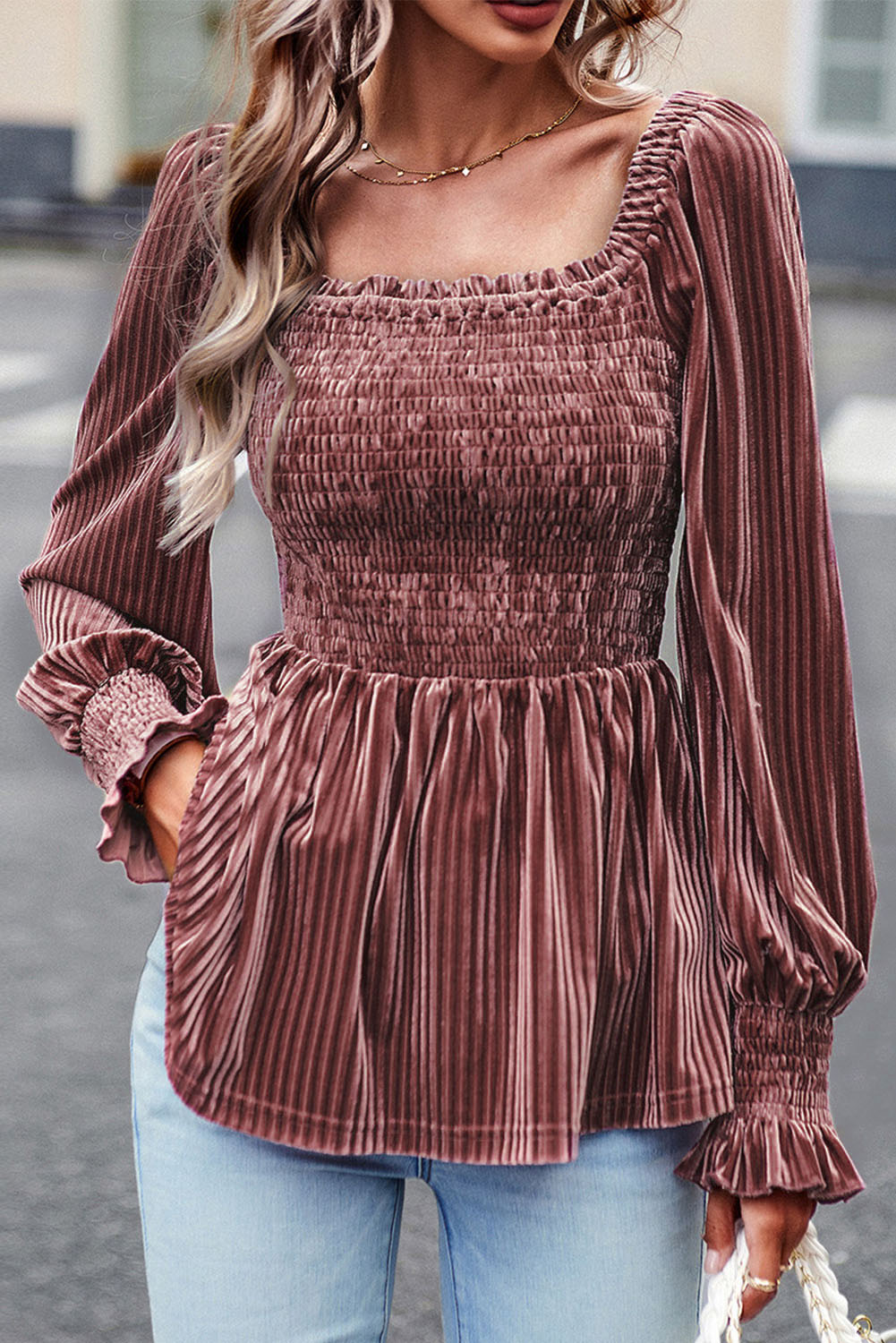 Smocked Ribbed Velvet Babydoll Top | Winter Fashion | Winter Blouses