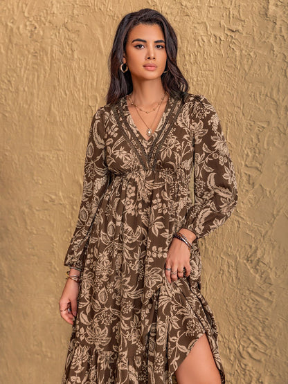 Ruched Printed V-Neck Long Sleeve Midi Dress | Fall Dresses | Cozy Dresses