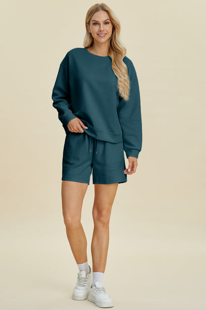 Blue Texture Round Neck Long Sleeve Top and Shorts Loungewear Set