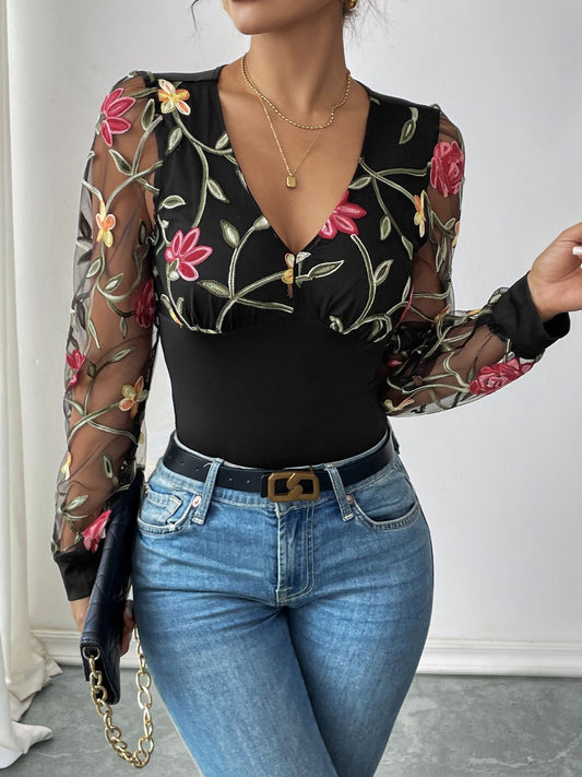 Black Embroidered V-Neck Long Sleeve Bodysuit | Blouses