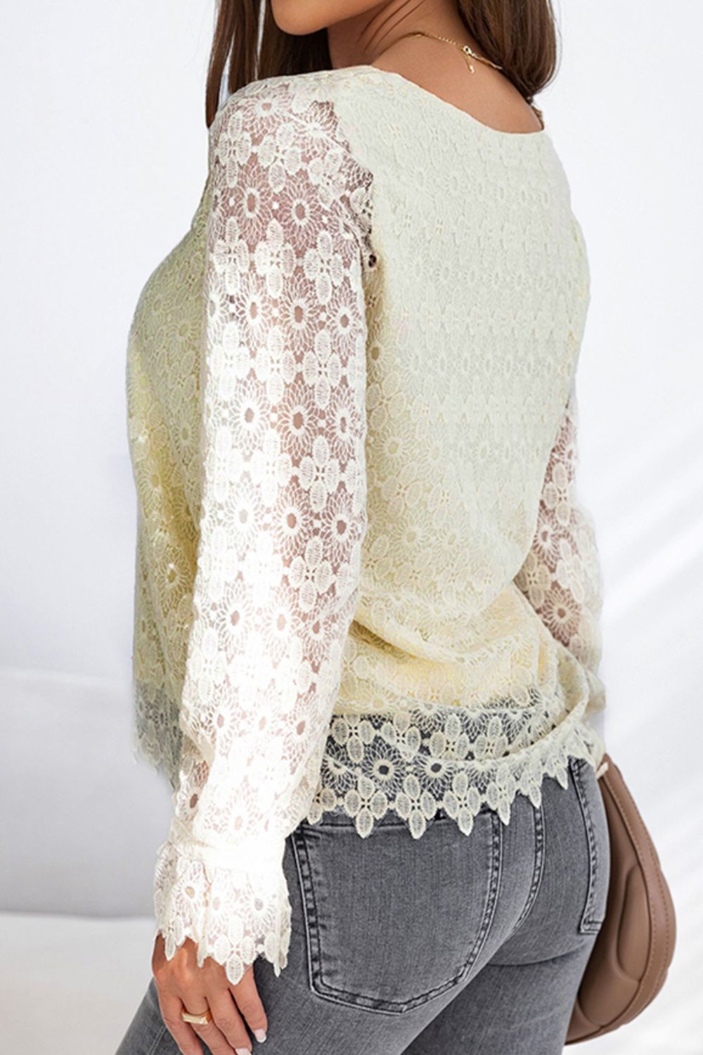 Cream Lace Detail V-Neck Long Sleeve Blouse | Casual Fashion