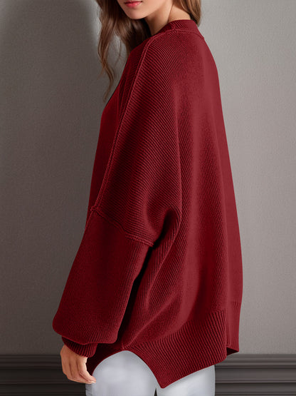 Oversized Side Slit Round Neck Long Sleeve Sweater