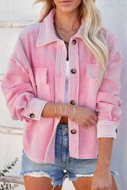 Pink Exposed Seam Collared Neck Drop Shoulder Jacket