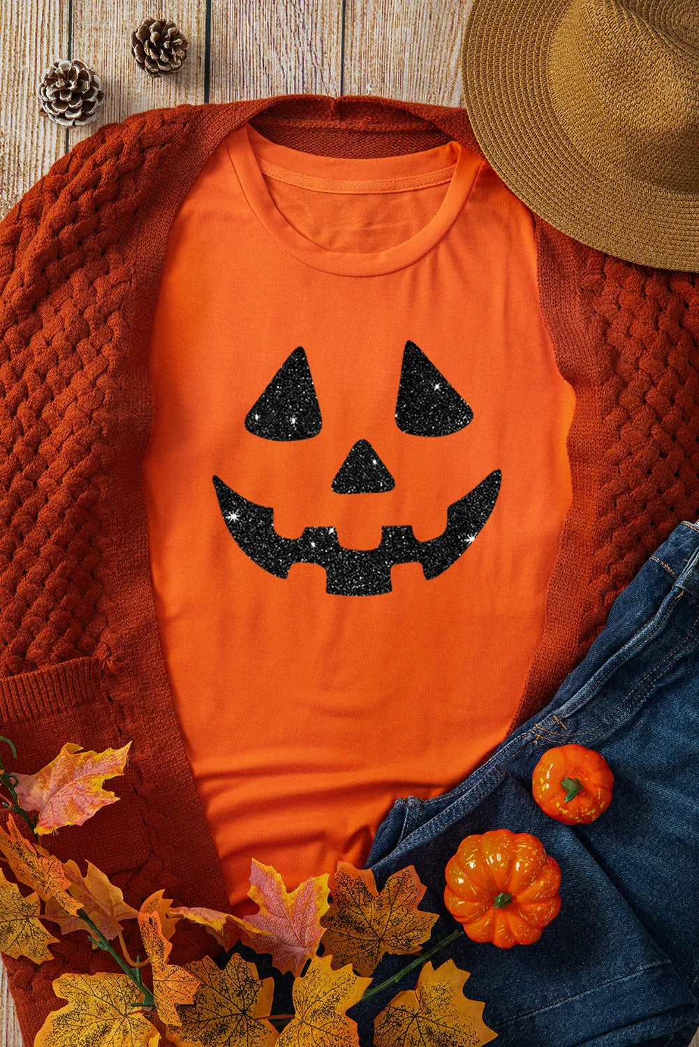 Halloween Glitter Round Neck Short Sleeve T-Shirt