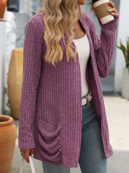 Open Front Long Sleeve Ribbed Cardigan with Pockets