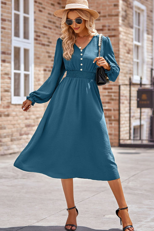 Smocked V-Neck Flounce Sleeve Midi Dress | Casual Dress