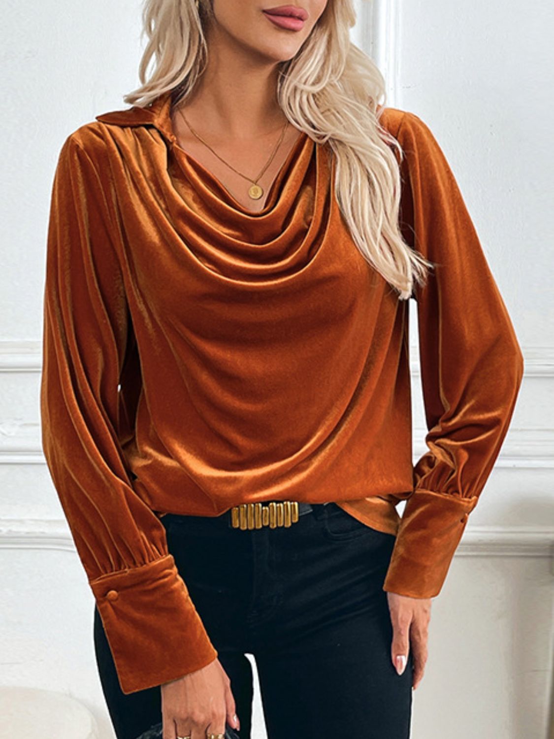 Terracotta Ruched Long Sleeve Blouse | Fall Fashion | Holiday Blouses