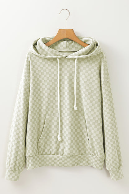 Checkered Print Kangaroo Pocket Drawstring Hoodie | Casual Fashion