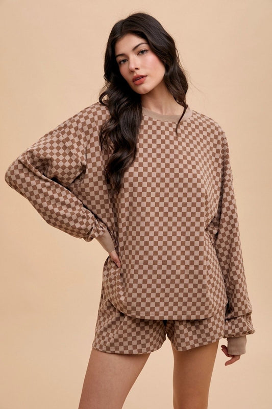 Checkered Round Neck Top and Drawstring Shorts Set | Loungewear