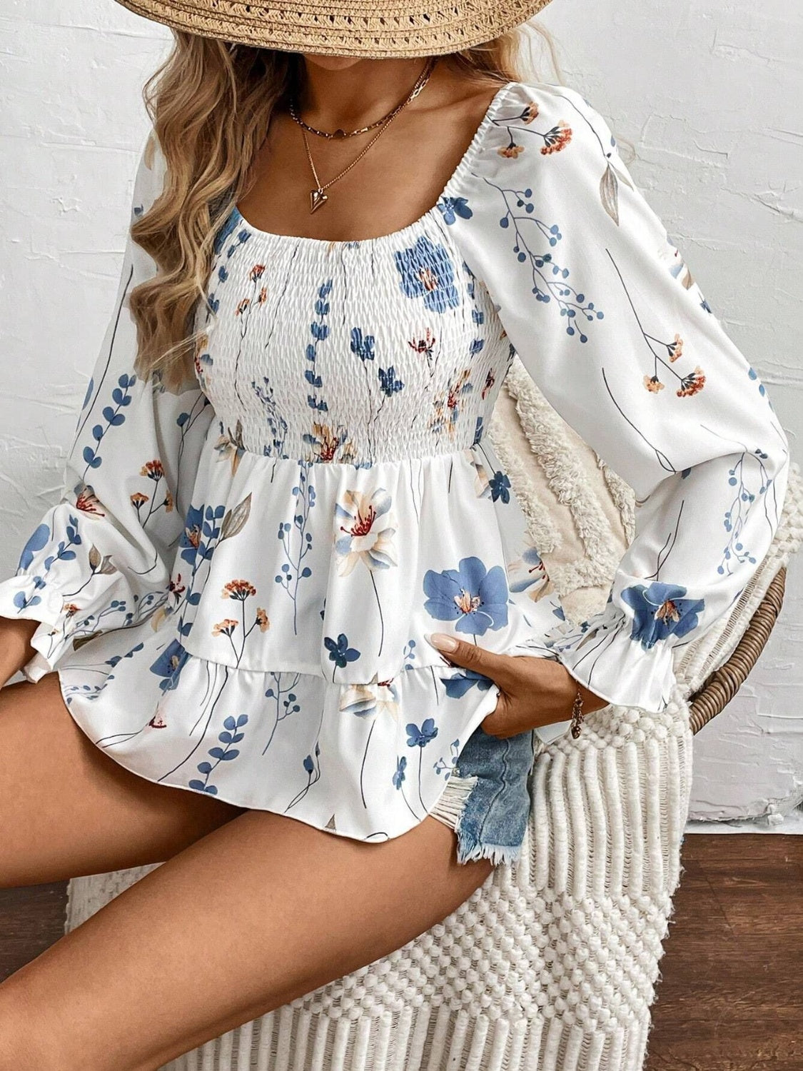 White Smocked Floral Scoop Neck Flounce Sleeve Blouse | Spring Blouses