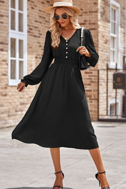 Smocked V-Neck Flounce Sleeve Midi Dress | Casual Dress