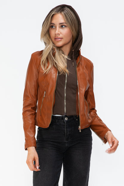 Synthetic Leather Biker Jacket with Side Zip Pockets | Winter Jacket | Drawstring Hooded Jacket