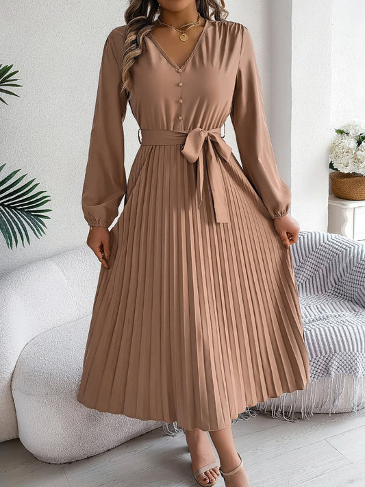 Pleated Tied V-Neck Long Sleeve Dress | Fall Fashion