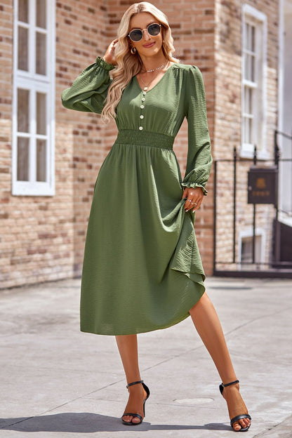 Smocked V-Neck Flounce Sleeve Midi Dress | Casual Dress