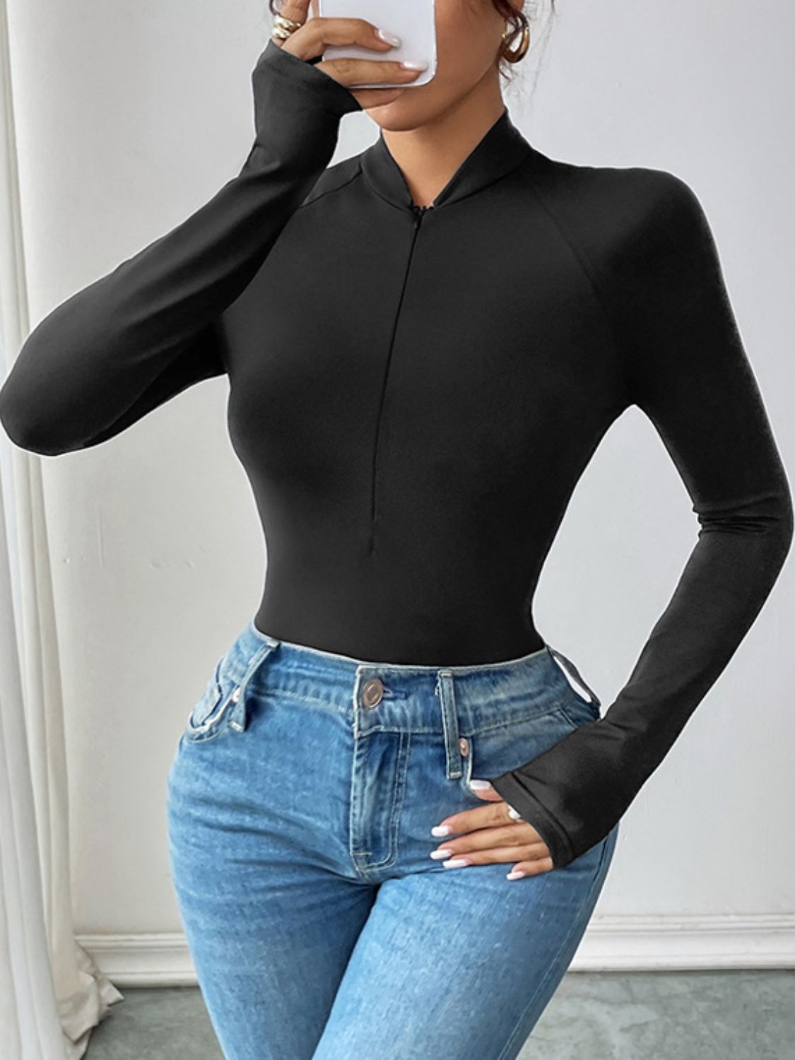 Black Half Zip Long Sleeve Bodysuit | Activewear |