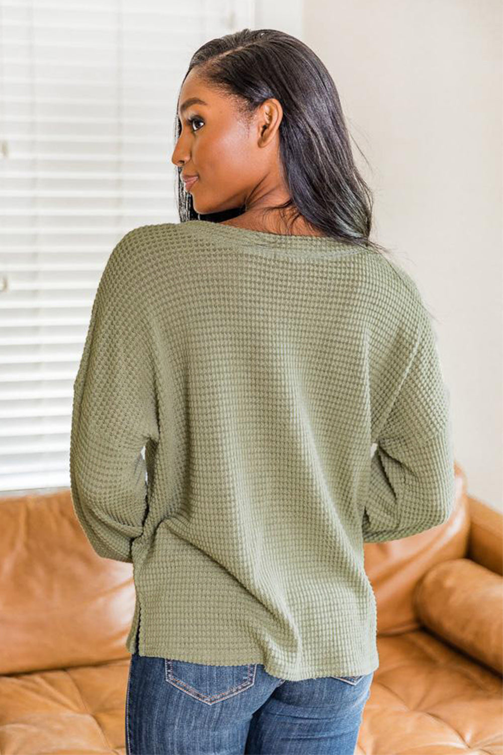 Slit Waffle Knit Long Sleeve T-Shirt | Winter Fashion | Casual Tops