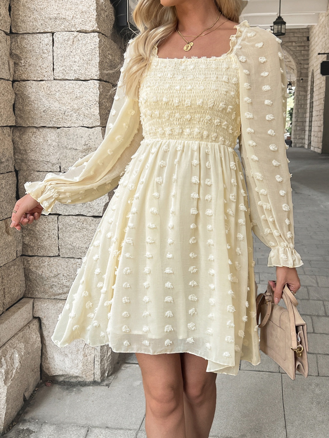 Pastel Yellow Swiss Dot Smocked Flounce Sleeve Dress | Spring Dress