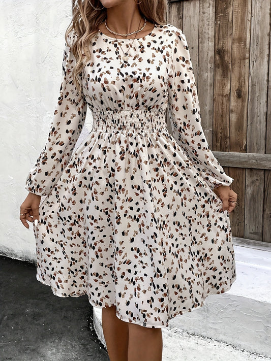 Printed Round Neck Long Sleeve Dress | Midi Dress| Casual Dress