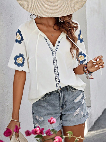 Embroidered Flower Tie Neck Puff Sleeve Blouse | Spring Blouses | Summer Blouses