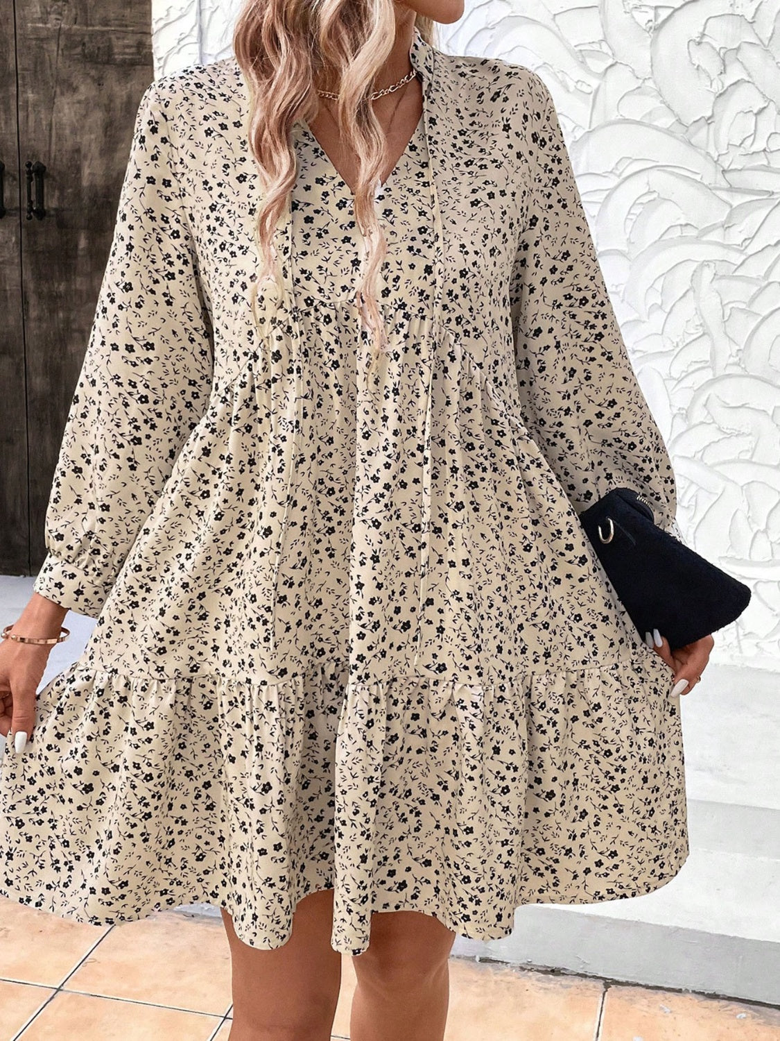 Tied Printed Long Sleeve Mini Dress | Fall Fashion | Winter Fashion