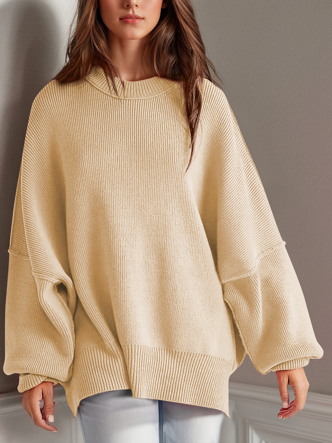 Oversized Side Slit Round Neck Long Sleeve Sweater