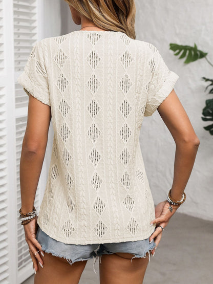 Openwork V-Neck Short Sleeve T-Shirt | Spring Blouse