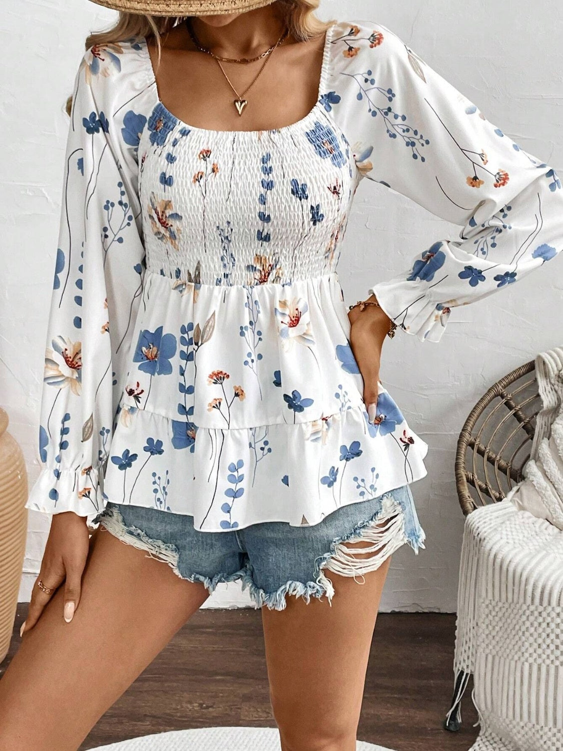 White Smocked Floral Scoop Neck Flounce Sleeve Blouse | Spring Blouses