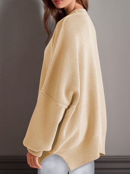 Oversized Side Slit Round Neck Long Sleeve Sweater