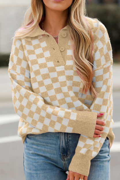 Checkered Collared Neck Long Sleeve Sweater | Sweater Weather | Checkered Print