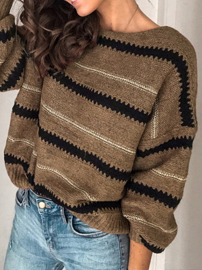 Contrast Striped Round Neck Long Sleeve Sweater | Winter Fashion