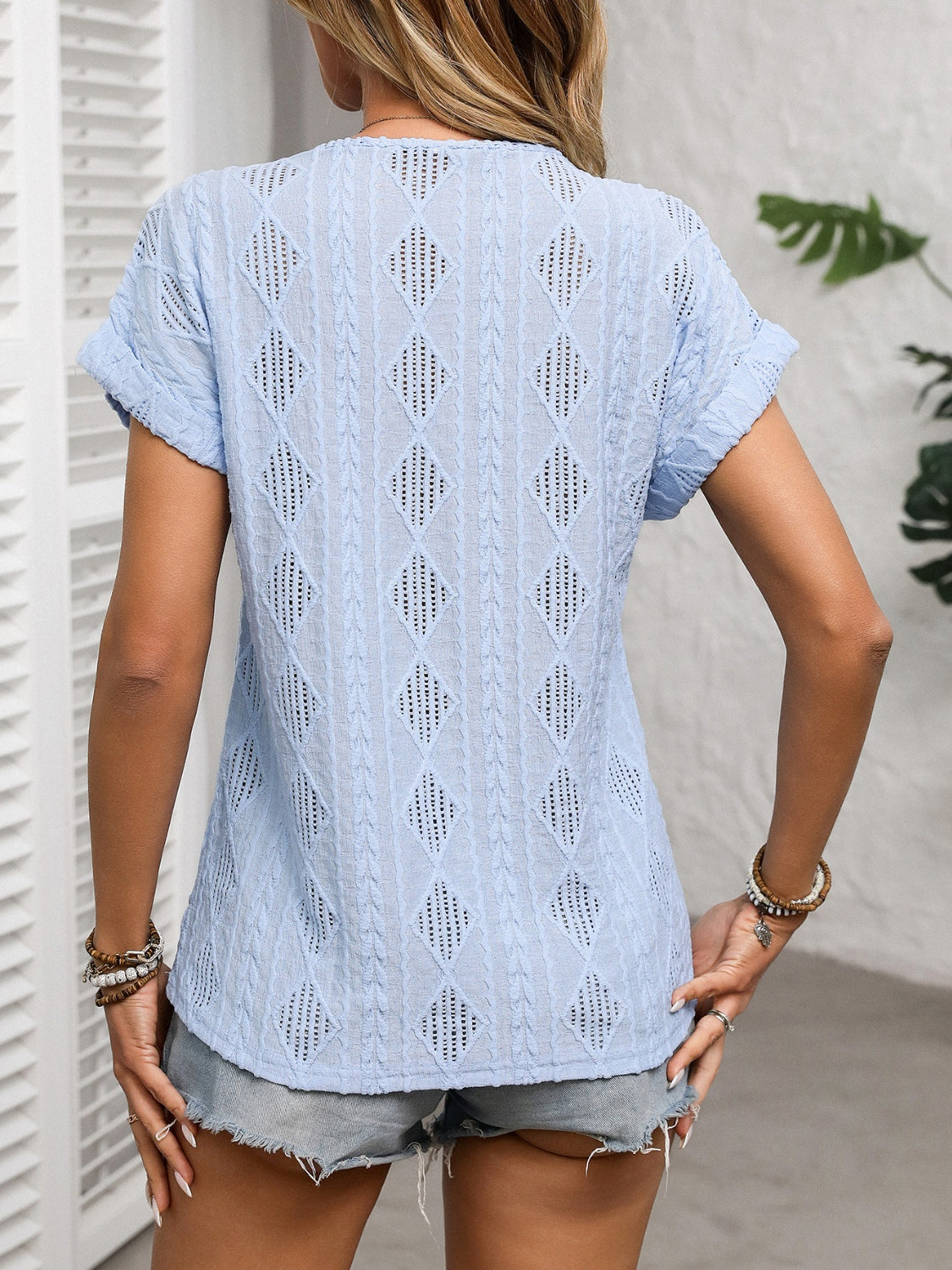 Openwork V-Neck Short Sleeve T-Shirt | Spring Blouse