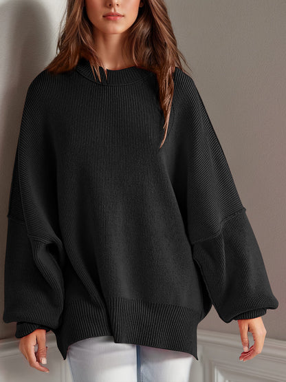 Oversized Side Slit Round Neck Long Sleeve Sweater