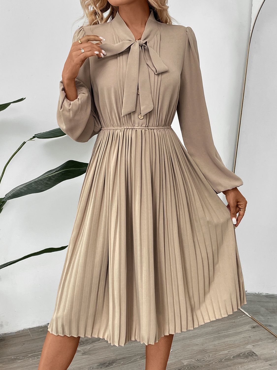 Beige Pleated Tie Neck Long Sleeve Dress | Casual Dress | Fall Fashion