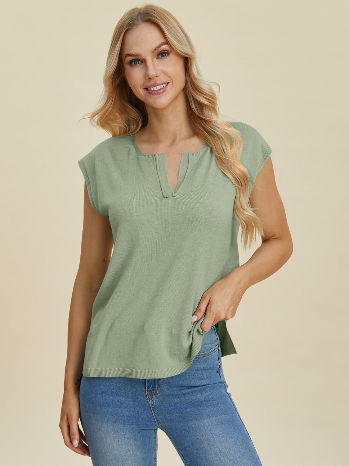 Notched Cap Sleeve Casual Knit Top | Basics | Everyday Fashion