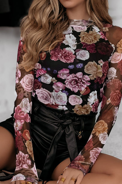 Floral Mock Neck Long Sleeve Mesh Top | Spring Blouses